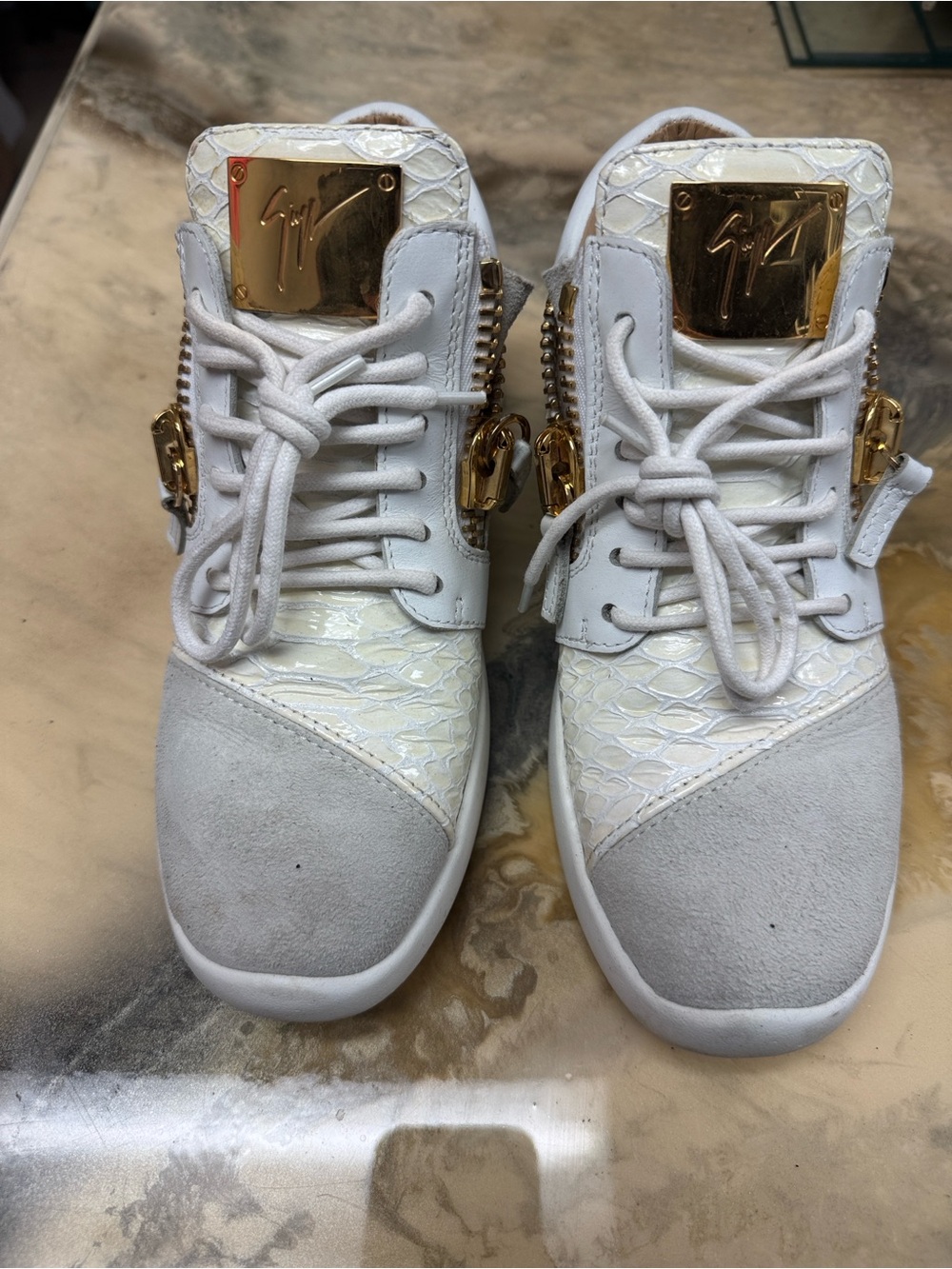 Giuseppe Zanotti White High-Top Sneakers with Gold Hardware